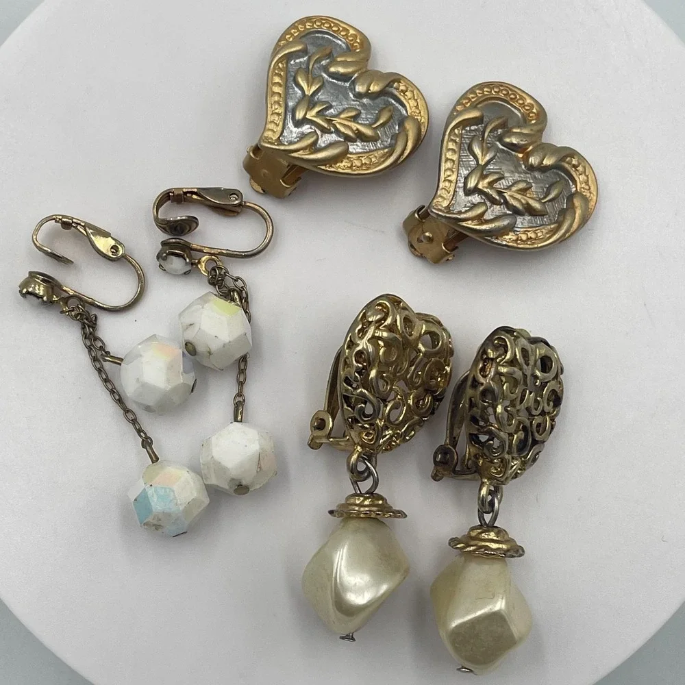 Vintage Estate Clip-On Earring Lot Mixed Style Dangle Faux Pearl Heart 3 Pairs